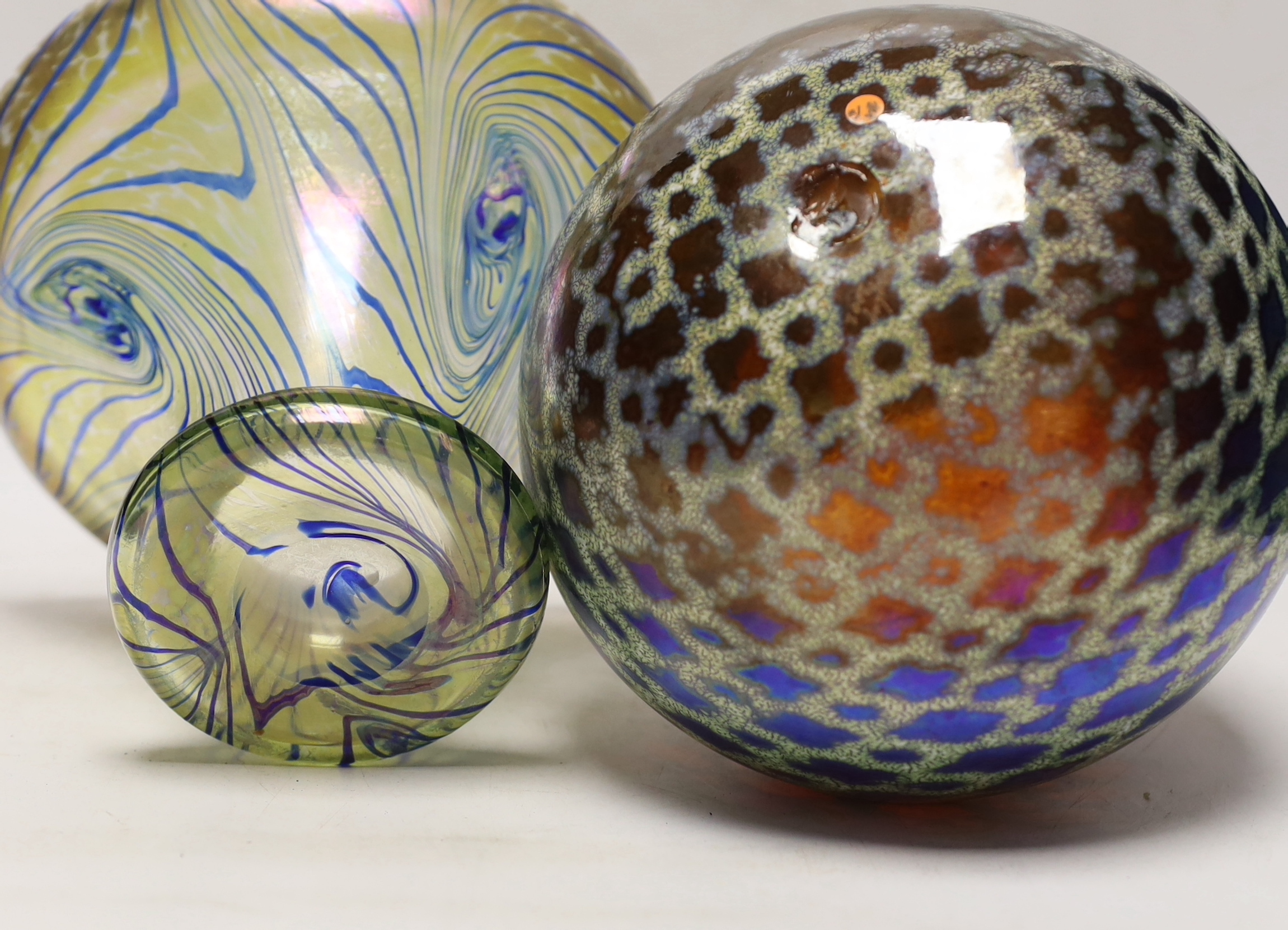 A Kosta Boda iridescent glass vase and a Loetz style trumpet vase, trumpet vase 15cm high